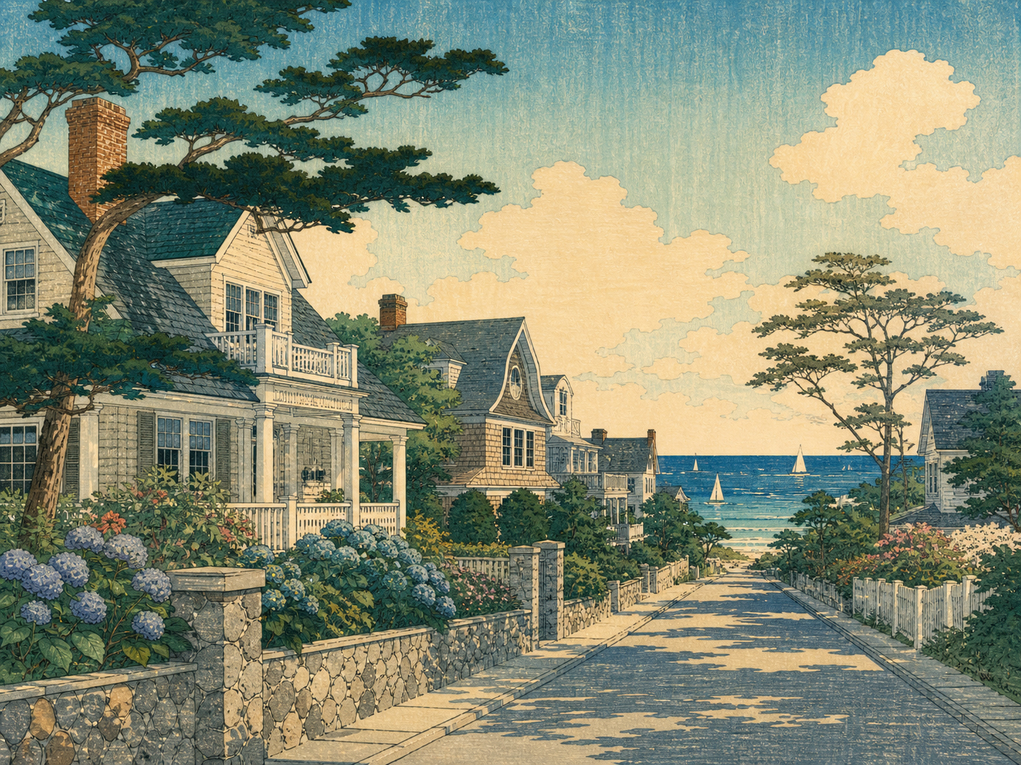Dealの静かな海辺とNorwood Avenueを描いた日本木版画風の情景