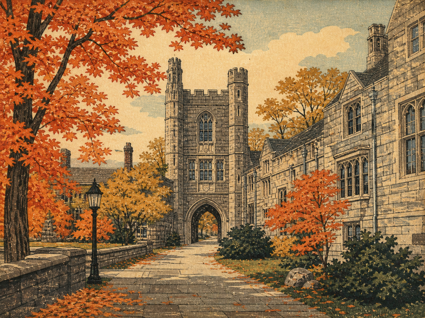 Princetonの石造りの校舎と秋の木々を描いた日本木版画風の情景