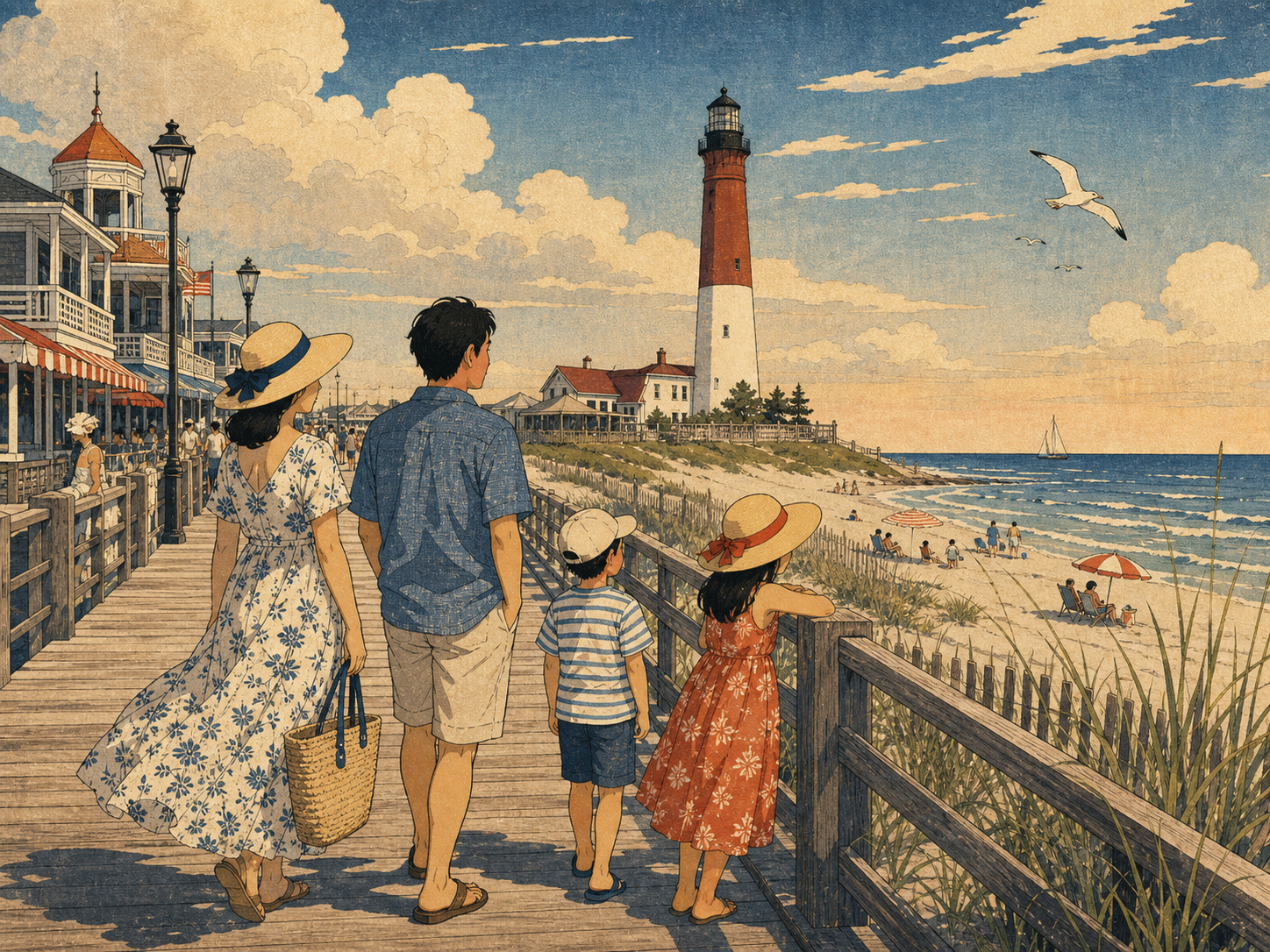 ジャージーショアの灯台、ボードウォーク、家族の夏を描いた日本木版画風の情景