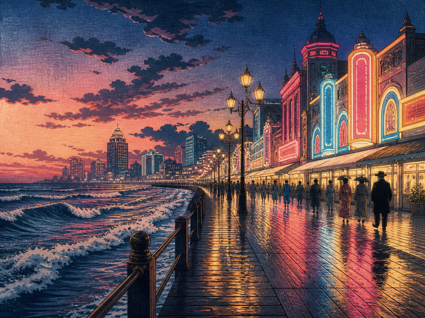 アトランティックシティのボードウォークとネオンを描いた木版画風の夜景