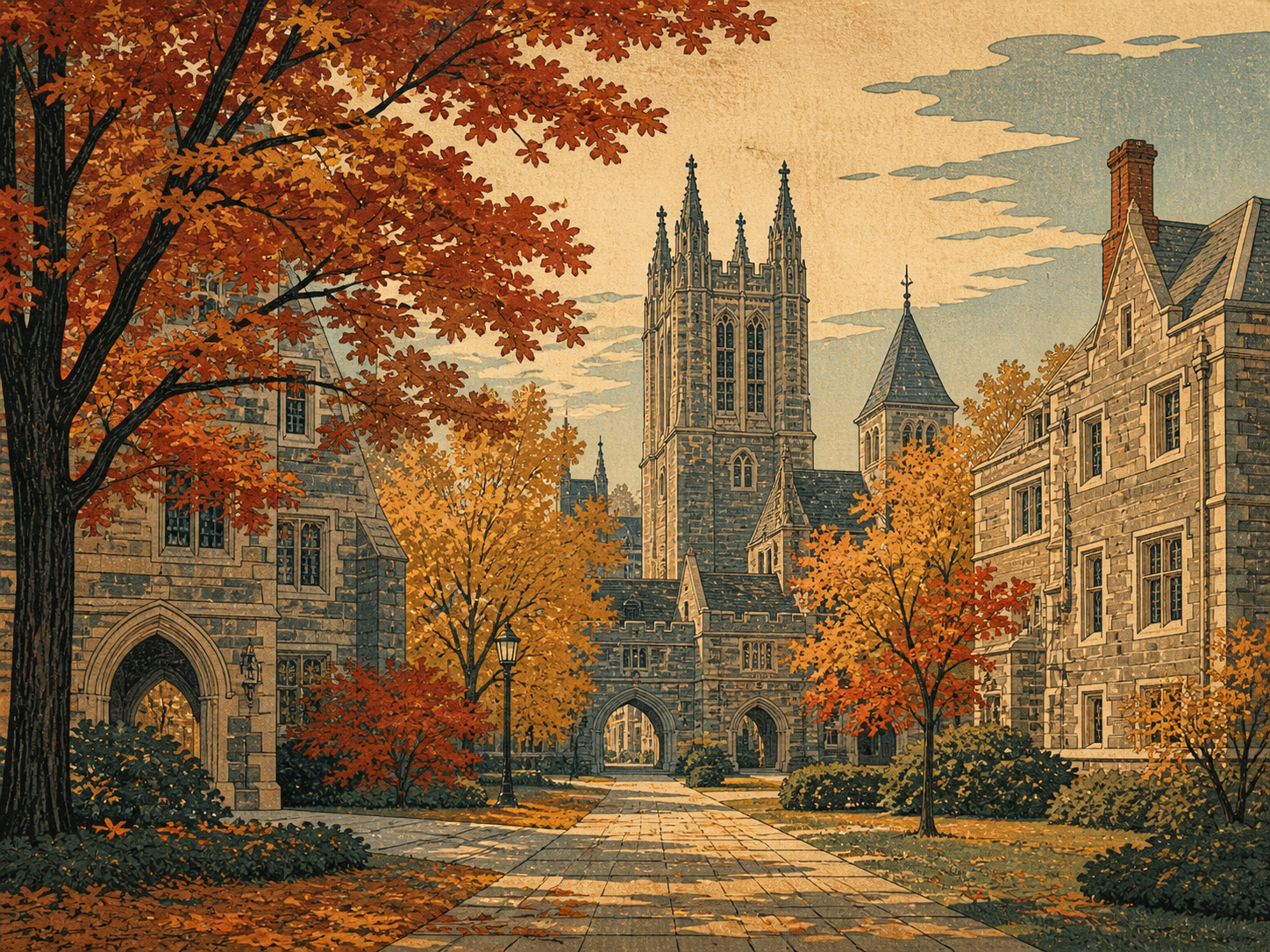 秋のプリンストン大学キャンパスを描いた木版画風の風景