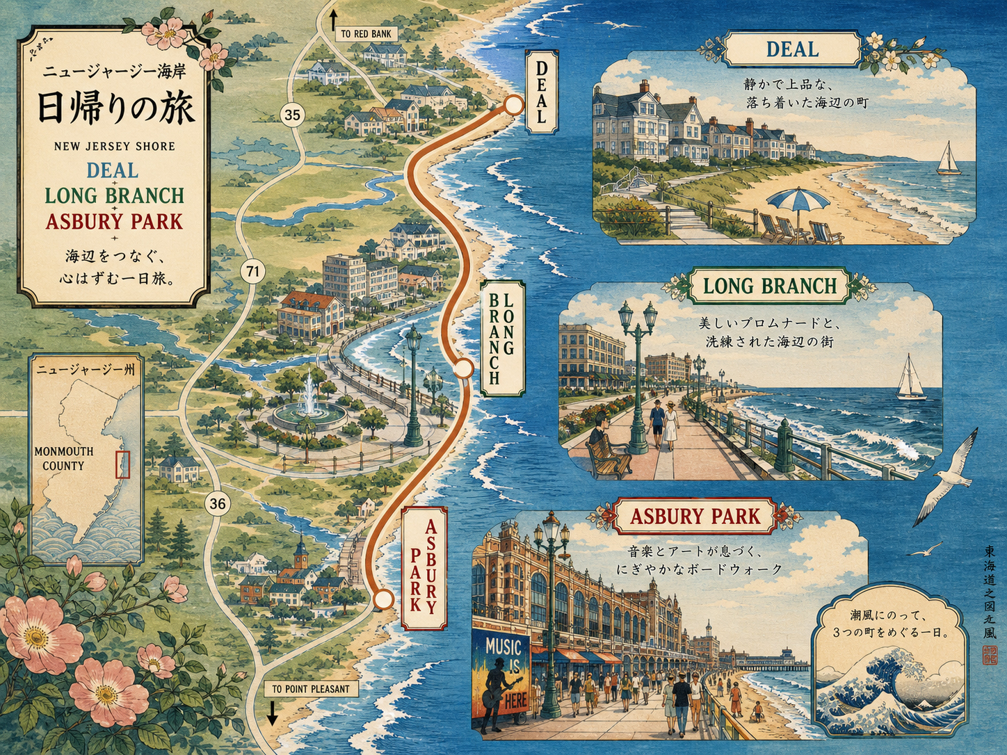 Deal、Long Branch、Asbury Parkの日帰りルートを描いた画像