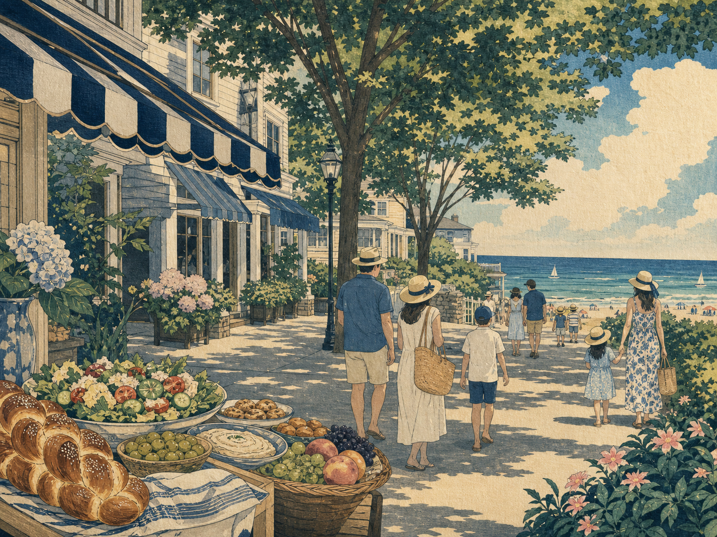Norwood Avenueと夏の食卓を描いた日本木版画風画像