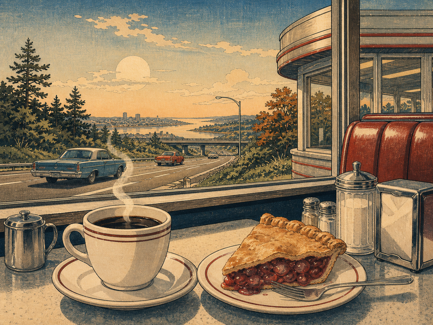 朝のニュージャージーのダイナーとコーヒーを描いた木版画風の情景