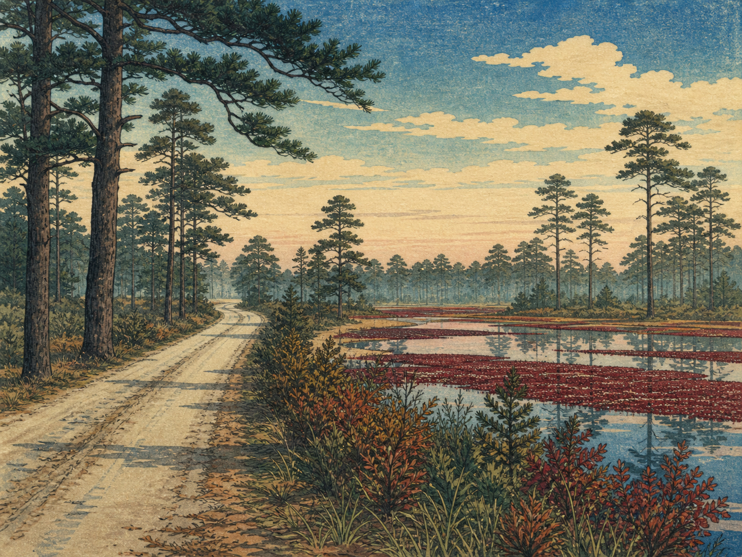 パインバレンズの道とクランベリー湿地を描いた木版画風の風景
