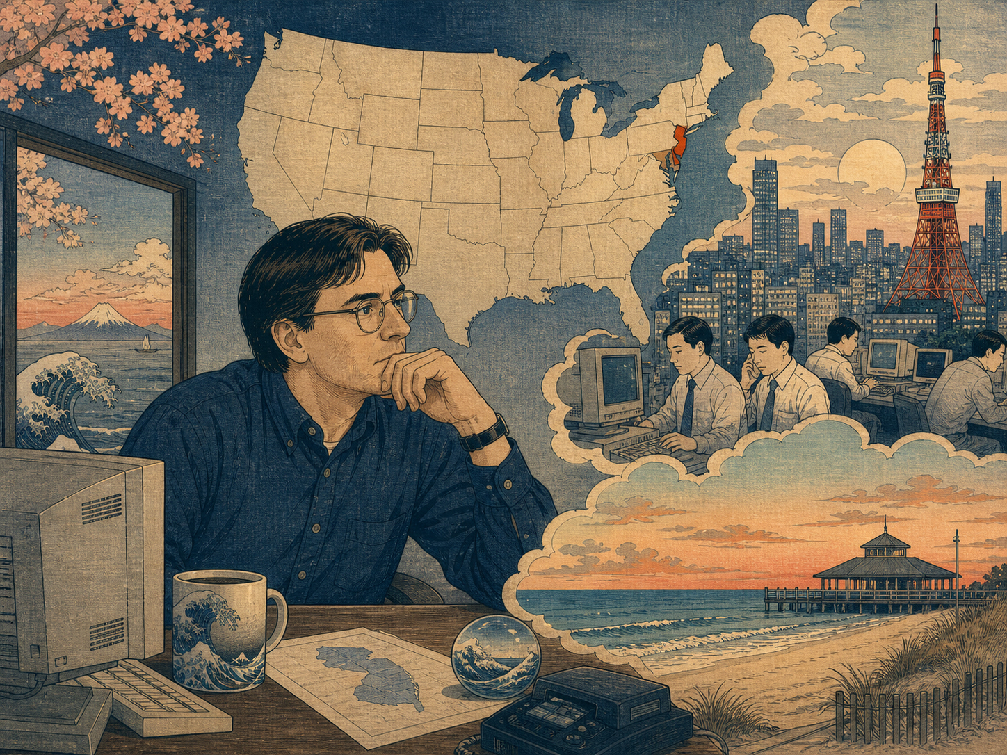 Jay Smith、東京、ドメイン地図、New Jerseyの海岸を重ねた日本木版画風の特集ヒーロー画像