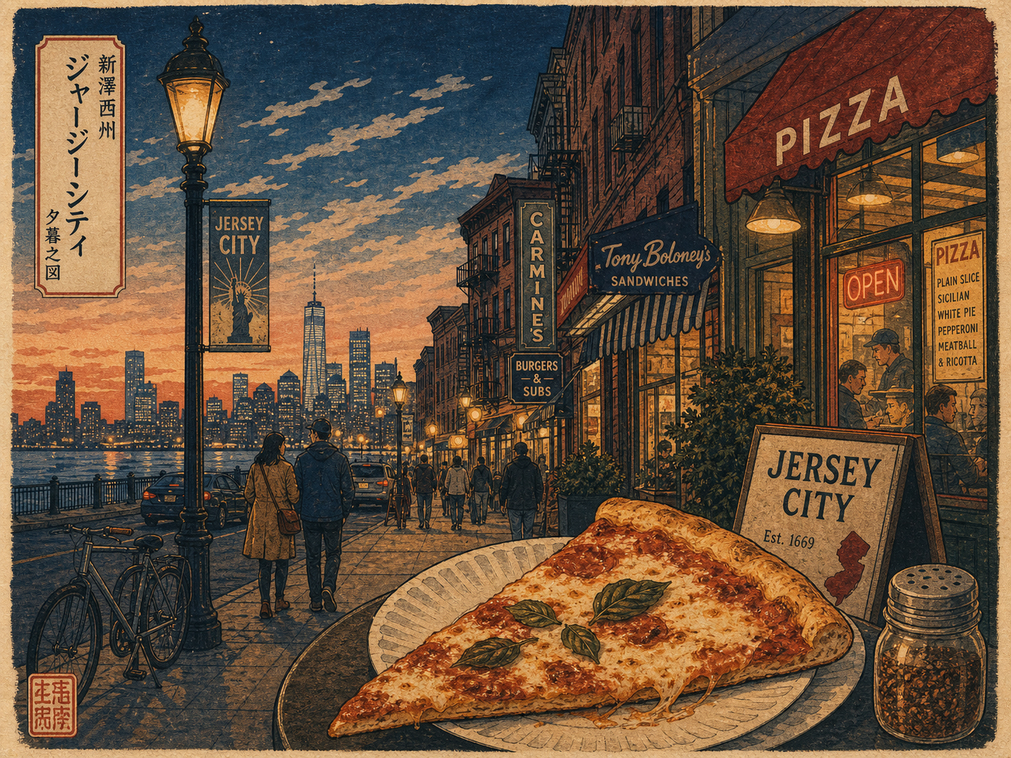 Jersey Cityのピザと夕方の通りを描いた画像