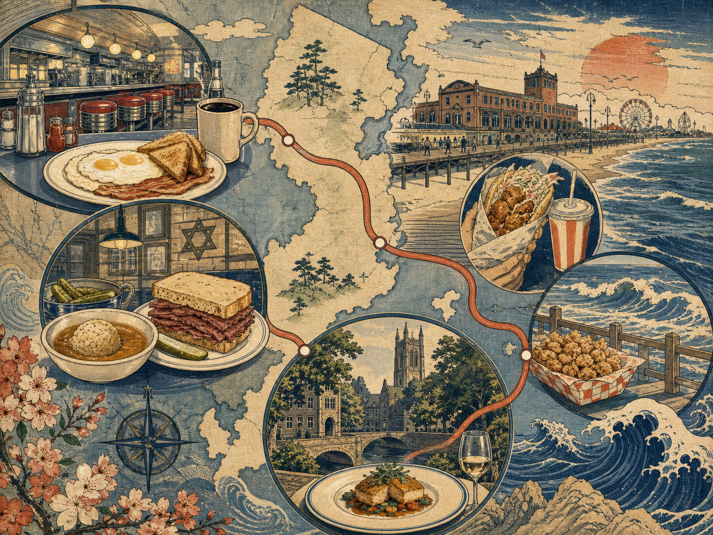 ダイナー、DealのNorwood Avenue、Asbury Park、Princetonを結ぶ食の一日ルートを描いた日本木版画風の情景