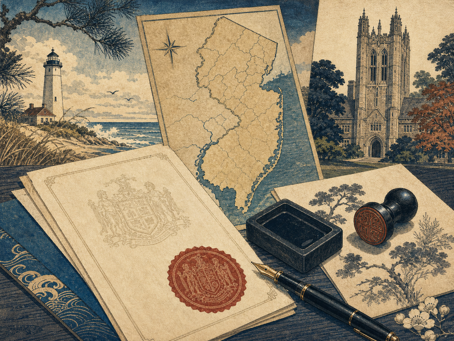 ニュージャージーの地図、ライセンス文書、印章、Dealの海岸とPrincetonを重ねた日本木版画風の情景