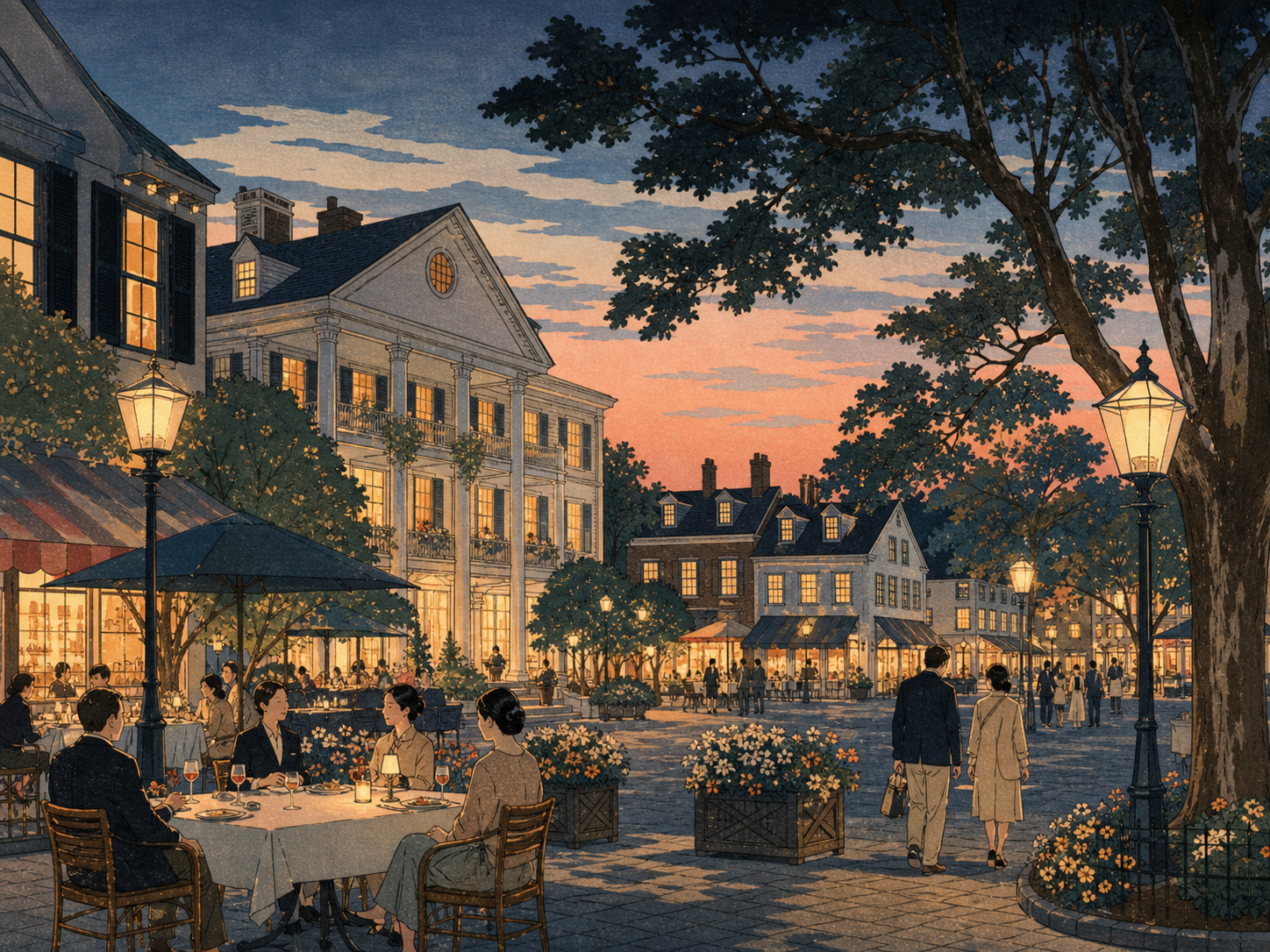 夕方のPalmer SquareとNassau Inn