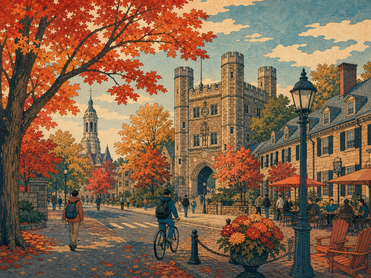 プリンストン大学の石造りの校舎、Nassau Street、Palmer Square、秋の木々を重ねた日本木版画風の情景