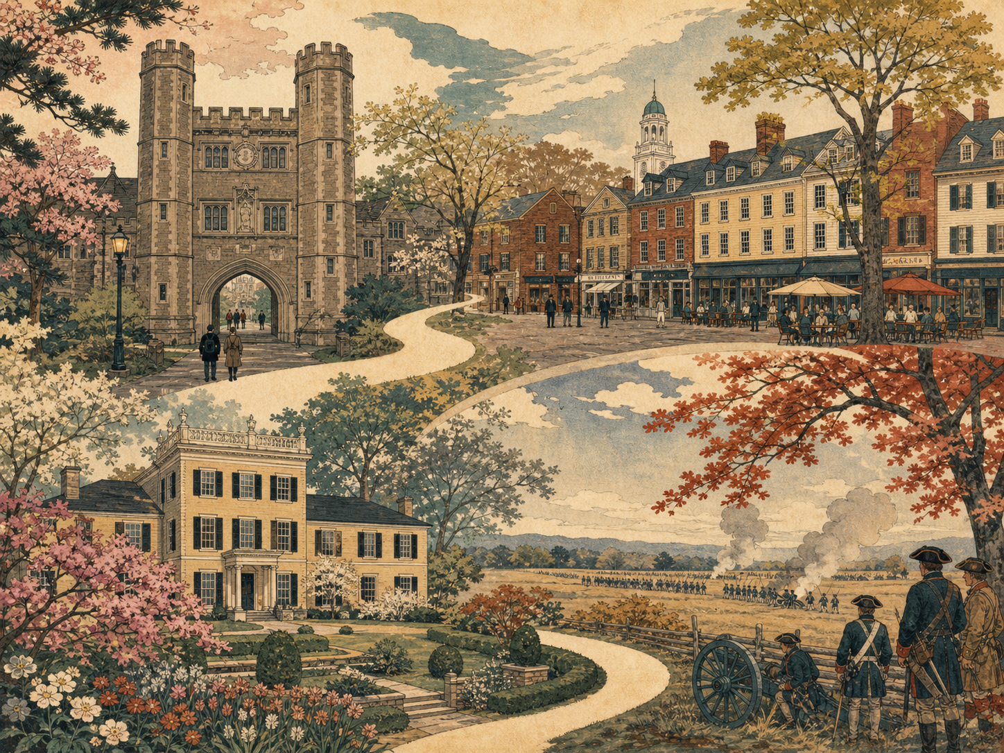 Princeton University、Palmer Square、Morven、Princeton Battlefieldを結ぶ一日の道を描いた日本木版画風の情景