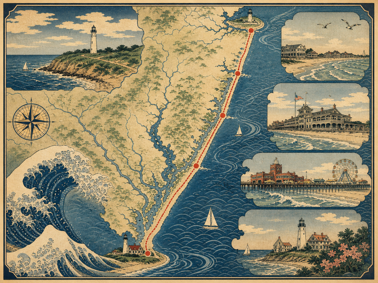 Sandy HookからCape Mayまでのニュージャージー海岸線を描いた日本木版画風の地図