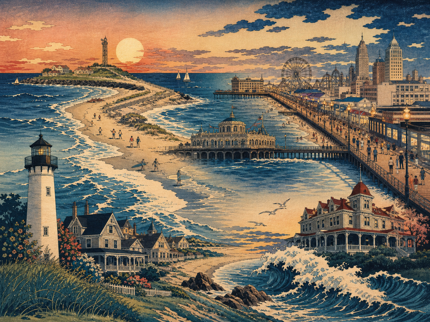 Sandy Hook、Deal、Asbury Park、Cape May、Atlantic Cityを重ねたジャージーショアの日本木版画風の情景