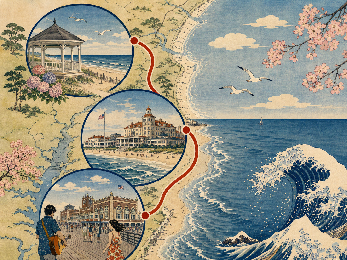 Deal、Long Branch、Asbury Parkの一日ルートを描いた日本木版画風画像