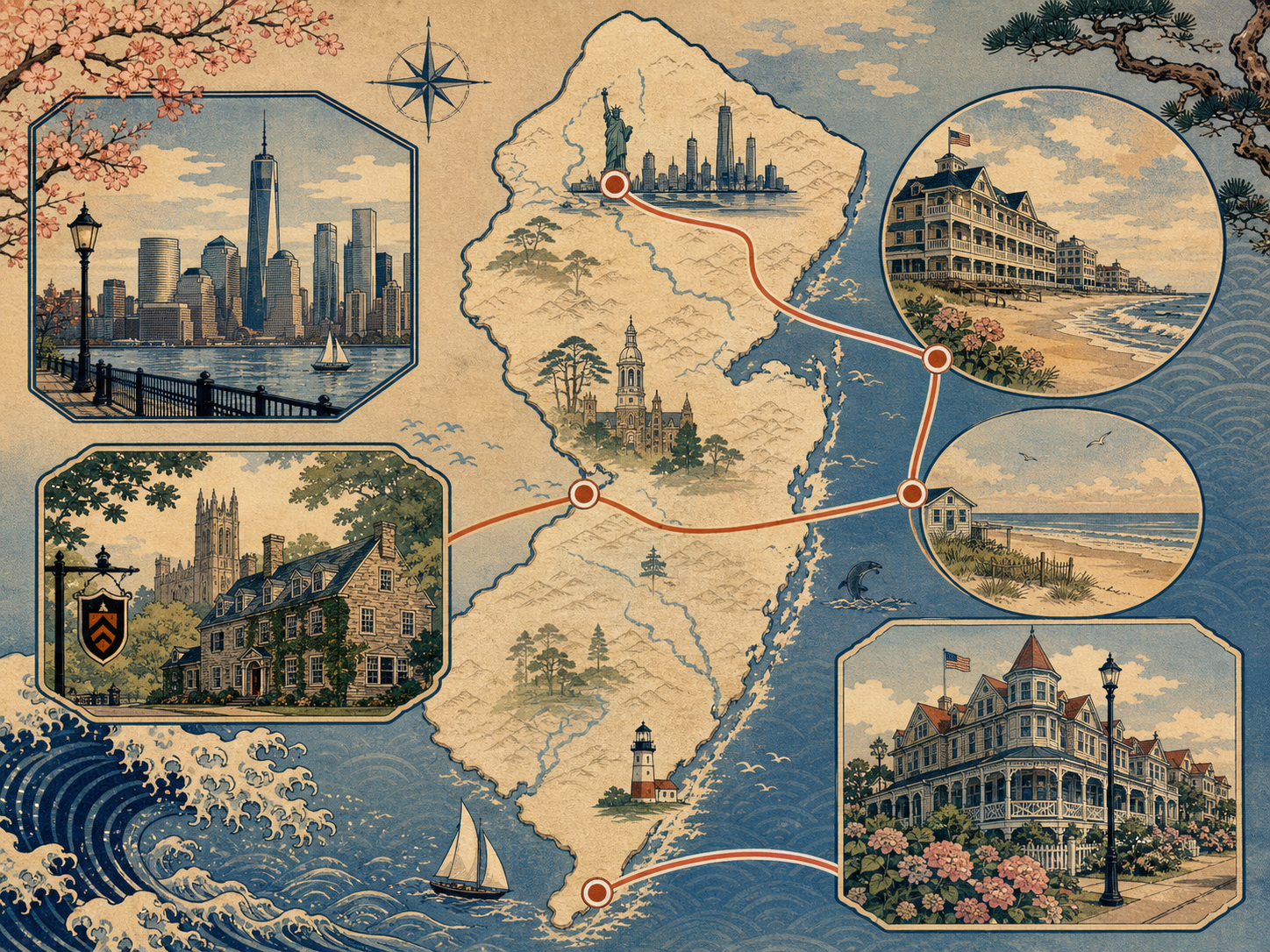 Long Branch、Deal、Princeton、Cape May、Jersey Cityを結ぶニュージャージー宿泊地図の日本木版画風イメージ