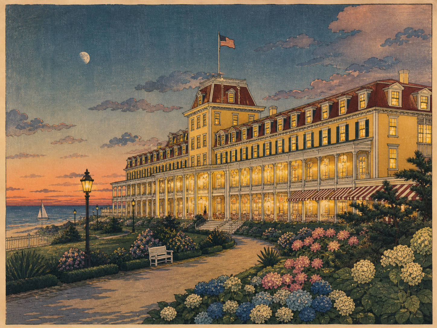 Cape MayのCongress Hallと歴史的な海辺の夕方