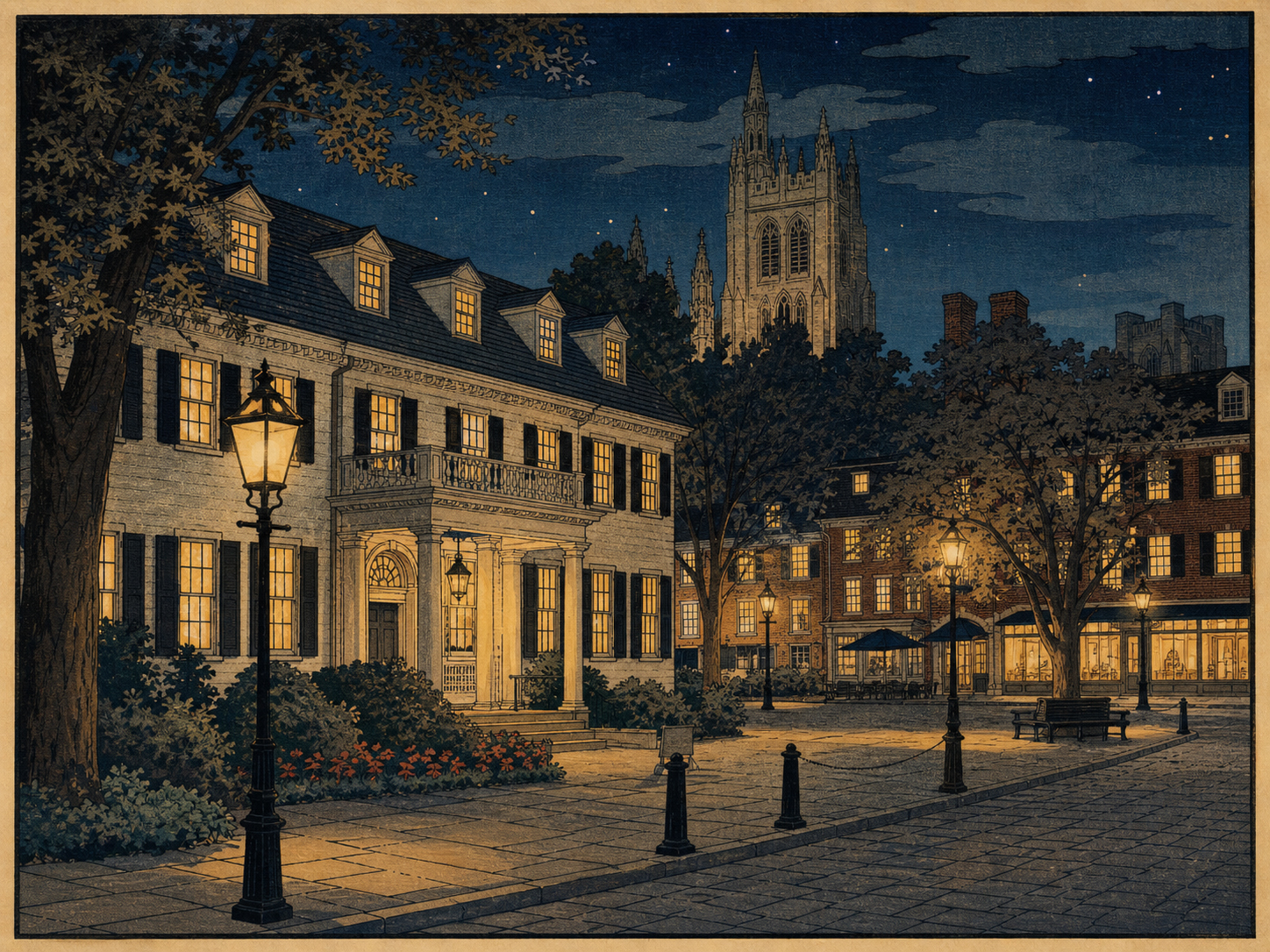 PrincetonのNassau InnとPalmer Squareの夜