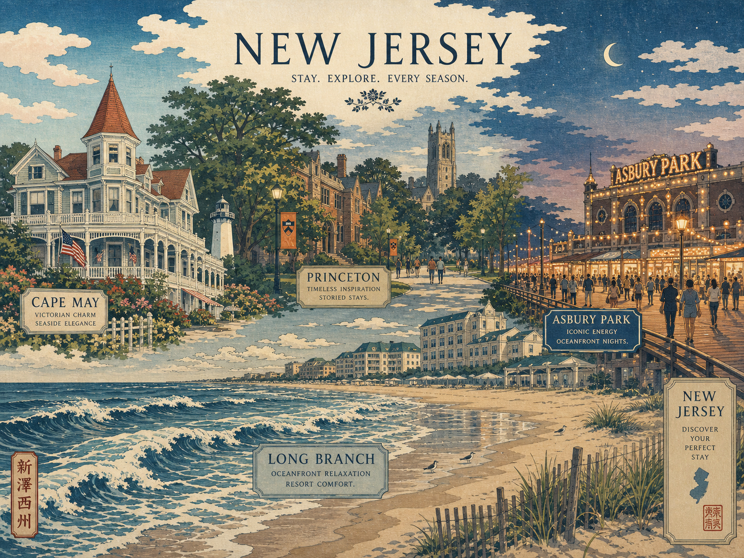 Long Branchの海辺ホテル、Princetonの宿、Cape Mayの歴史的ホテル、Asbury Parkの夜を重ねた日本木版画風の情景