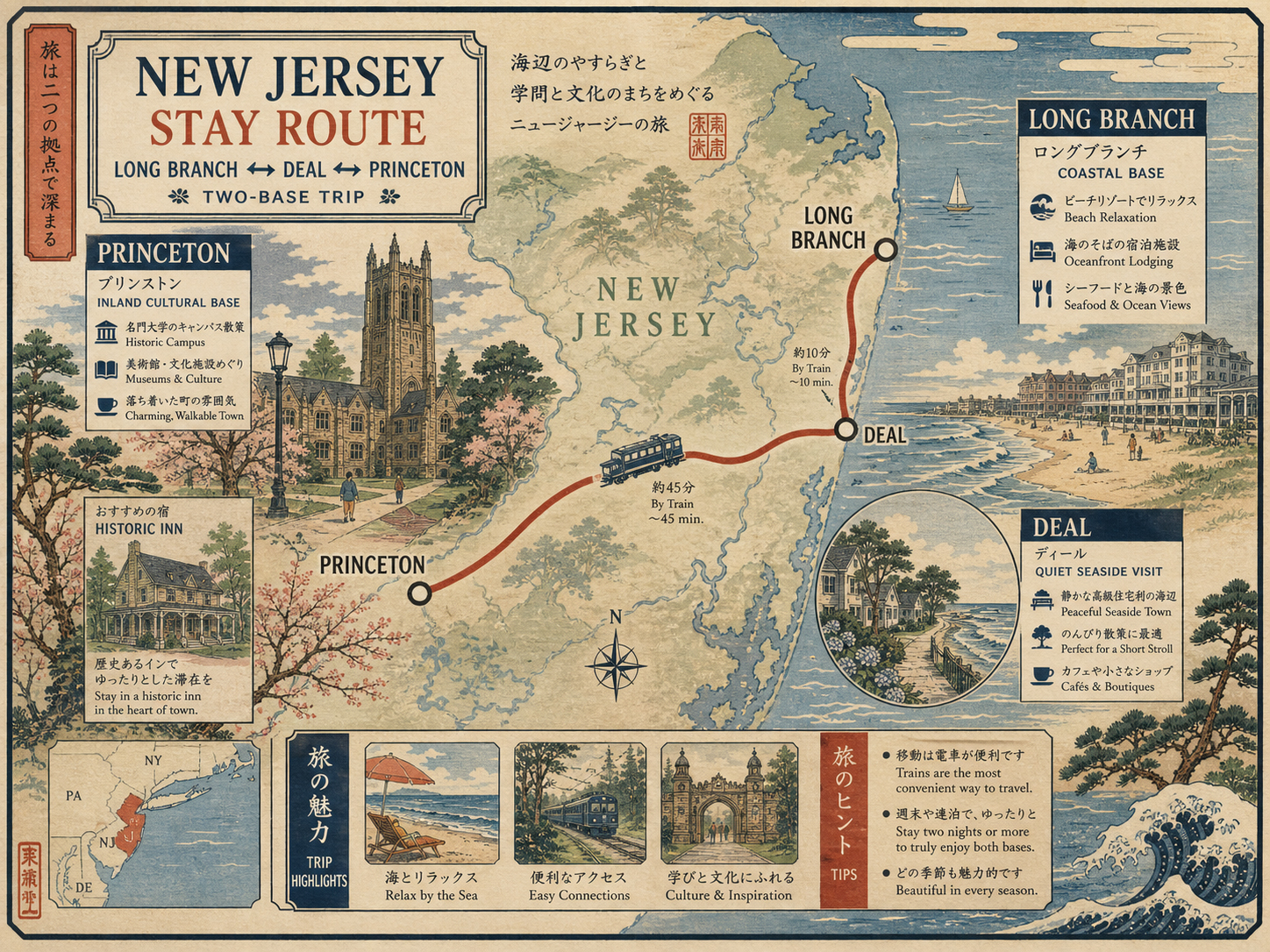 Long Branch、Deal、Princetonの二拠点旅を描いた画像